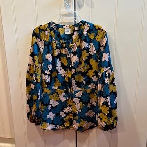 Cabi “Favorite” blouse in teal/peach/tan print!